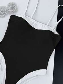 Women's Black & White Spaghetti Strap Stylish One-Piece Swimsuit, Vacation - Black and White - View 4