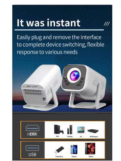 Native Resolution 1280x720P, Portable Wireless Smart Projector, Supports 4K Video Decoding, Mini Projector, Home Theater Projector, Auto Keystone, 180° Rotation, HiFi Speaker, Gaming And Entertainment