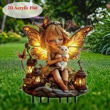 1pc/2pcs Acrylic Fairy & Kitty Garden With Lantern, Butterfly & Lighting Effect, Suitable For Outdoor Art, Yard Garden Display, Fairy Garden Decor, Creating Dreamy Atmosphere, 2D - Multicolor-ground Plug - View 2