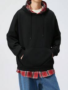 Felpa con cappuccio nera oversize, casual a quadri 2 in 1, adatta per primavera e autunno
