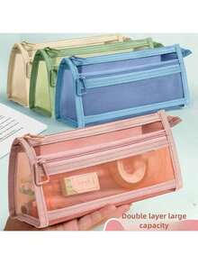 Love Welfare, Limited To 1 Purchase Per Color,Morandi Plaid Mesh Makeup Bag With Handle & Zipper, Transparent Double-Layer Design For Pencil Case Use, Portable Travel Organizer, Cute Clear Stationery Pouch, Suitable For Adults' Office & University Daily Use - 黃色 - 查看 3