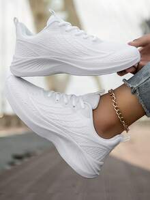 Women's Breathable Mesh Sneakers, Lightweight White Athletic Running Shoes For Women, Fashion Casual Walking Shoes With Anklet - Perfect Gift Idea - 白色 - 查看 5