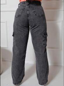 400 Women's Wide Cargo Jeans, Street Fashion, Premium, Graffiti - Xám - Xem 3