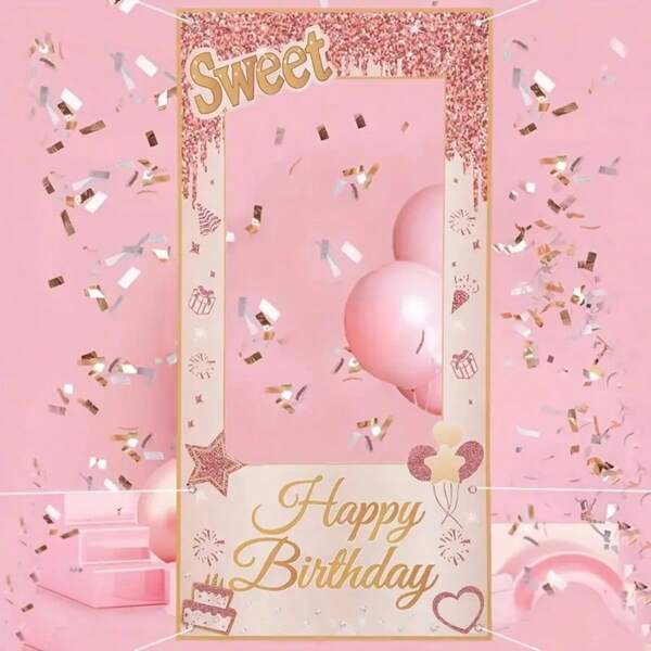 1 stuk 2D roségouden "Happy Birthday"-ontwerp met ballonnen en cadeaus, perfect voor feestdecoraties, jubilea en vieringen, verjaardagsfeestdecoratie