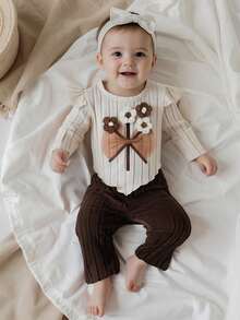 Toddler Girl Fall Outfits Crochet Flower Long Sleeve Round Neck Pullover + Elastic Waist Ribbed Flare Pants 2 Pcs Set