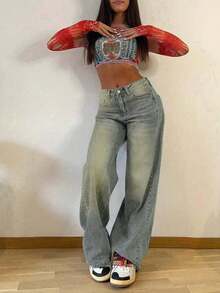 Women Loose Straight-Leg Retro Stackable Jeans