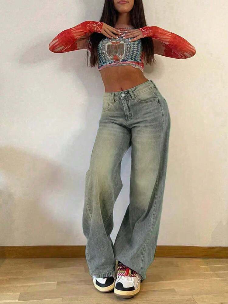 Jeans casual a gamba dritta e ampia, stile retrò, adatti per la primavera, per donne - Blu Navy - Visualizzare 4