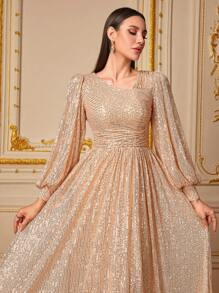 UNITHORSE Women's Deep V-Neck Long Sleeve Sequin Mermaid Hem Evening Party Dress - Champagne - View 6