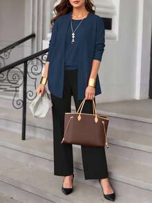 三件套加大码女式休闲纯色套装：外套/开衫 + 圆领无袖上衣 + 松紧腰直筒裤，柔软弹力面料，宽松版型，舒适通勤，适合春/秋/冬，优雅夏季穿着 - 淺藍色+黑色 - 查看 3