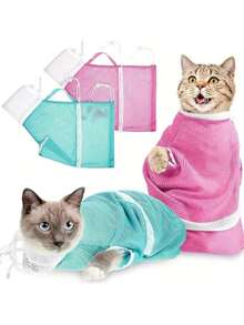 宠物洗澡袋可调节多功能涤纶便携式宠物美容袋猫洗澡袋网状猫美容淋浴袋可调节猫咪清洗袋猫浴清洁袋防抓宠物指甲修剪 - 彩色 - 查看 8