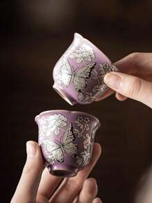 1pc/2pcs Butterfly Floral Ceramic Tea Cup, Household Ceramic Kung Fu Tea Set, Tea Cup For Tea Tasting, Gathering & Afternoon Tea, Small Capacity Water Cup, Gift Tea Cup