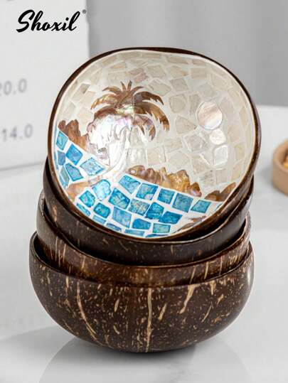 shoxil 1 件椰子壳碗，复古彩绘风格圆形盘子，适合盛放零食和水果的餐盘，适用于厨房、庭院、派对、户外野餐、节日餐桌布置，手工礼品赠送