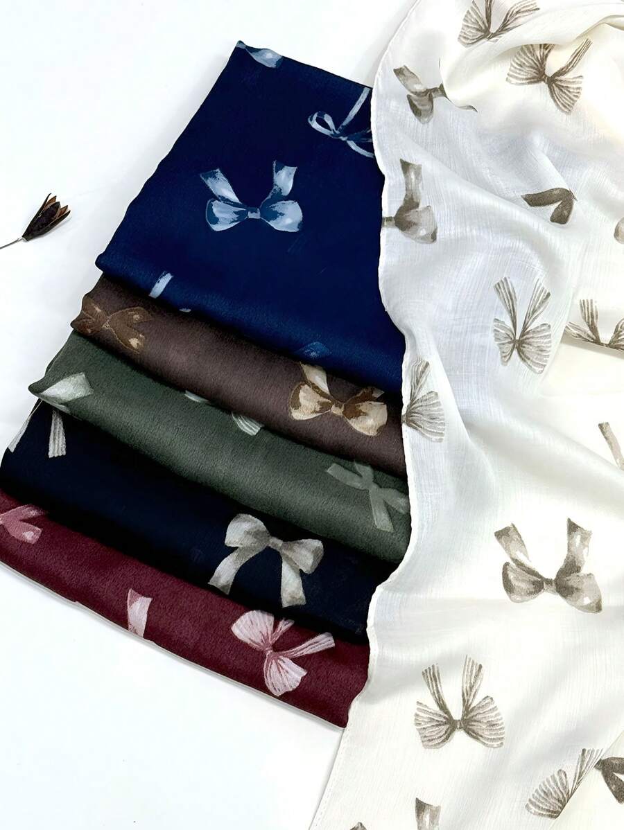 新款蝴蝶结印花透气流苏披肩，优雅时尚女士真丝围巾，活力波点大长围巾，适合春夏，户外防晒沙滩披肩，多功能头巾 - 彩色 - 查看 1