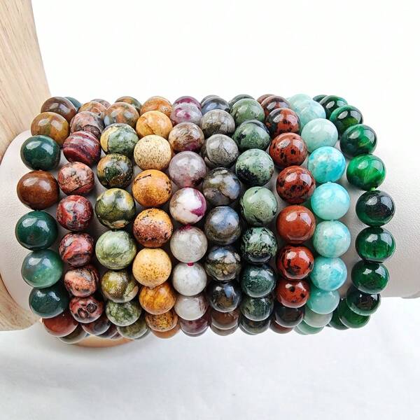 1PC Natural Crystal Crafts 8mm Picture Jasper Amazonite Rhyolite Rainforest Jasper Plum Blossom Tourmaline Green Tiger Eye Stone Que Sera Stone Llanite Kambaba Jasper Red Obsidian Mahogany Obsidian Red Leopard Skin Jasper Ocean Jasper Round Bead Elastic Bracelet Carving Polishing Decoration Ornaments Gift