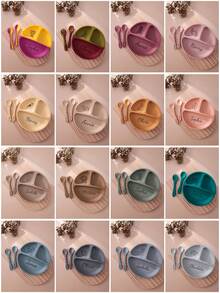 3PCS Personalized Customization Name Pattern Baby Food Storage Portable Fork Spoon Print On Demand Silicone Baby Dishes Custom Suction Dining Plate,Chic Autumn,Kids,Customized Kids Tableware - Multicolor - View 2