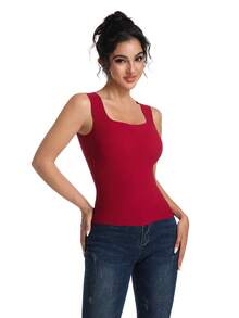3pcs/Set Built-In Bra Tank Top Ribbed Slim Fit Wirefree Shelf Padded Tank Shirts Wide-Strap Square Neck - 彩色 - 查看 8