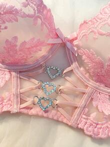 Sweet Pink Floral Embroidery Sexy Lingerie Set, Semi-Sheer Underwire Bra And V-Neck Adjustable Thong, Bold Feminine Charm With Heart Clasp Front Single-Layer Crop Top And Panties, Shapewear And Everyday Intimates - 粉色 - 查看 3