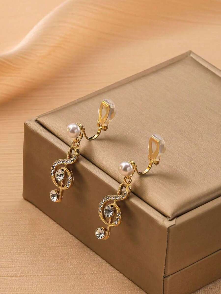 1 Cặp bông tai kẹp mặt dây chuyền hình nốt nhạc ngọc trai giả thời trang dành cho nữ, không cần xỏ khuyên, kẹp tai thanh lịch, thích hợp để đeo hàng ngày và làm quà tặng ngày lễ - Kẹp tai - Xem 1