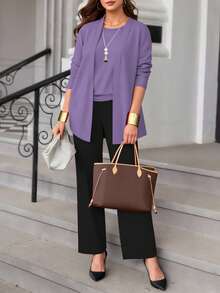 Bộ đồ 3 món cỡ lớn dành cho nữ, màu trơn, phong cách thường ngày: Áo khoác/áo cardigan + Áo không tay cổ tròn + Quần ống đứng cạp chun, chất liệu mềm mại, co giãn, dáng rộng, thoải mái khi đi làm, thích hợp cho mùa xuân/thu/đông và mùa hè thanh lịch. - Tím nhạt + đen - Xem 3