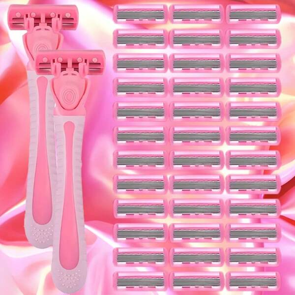 2 Handles + 36 Blades/Pink Women's Universal, Manual 6-Layer Shaver, Stainless Steel Blades, Safe Anti-Scratch, Suitable For Home Grooming & Beauty Tools