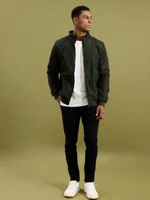 Men's Traditional High Collar Bomber Jacket With Cutouts - Green - View 6