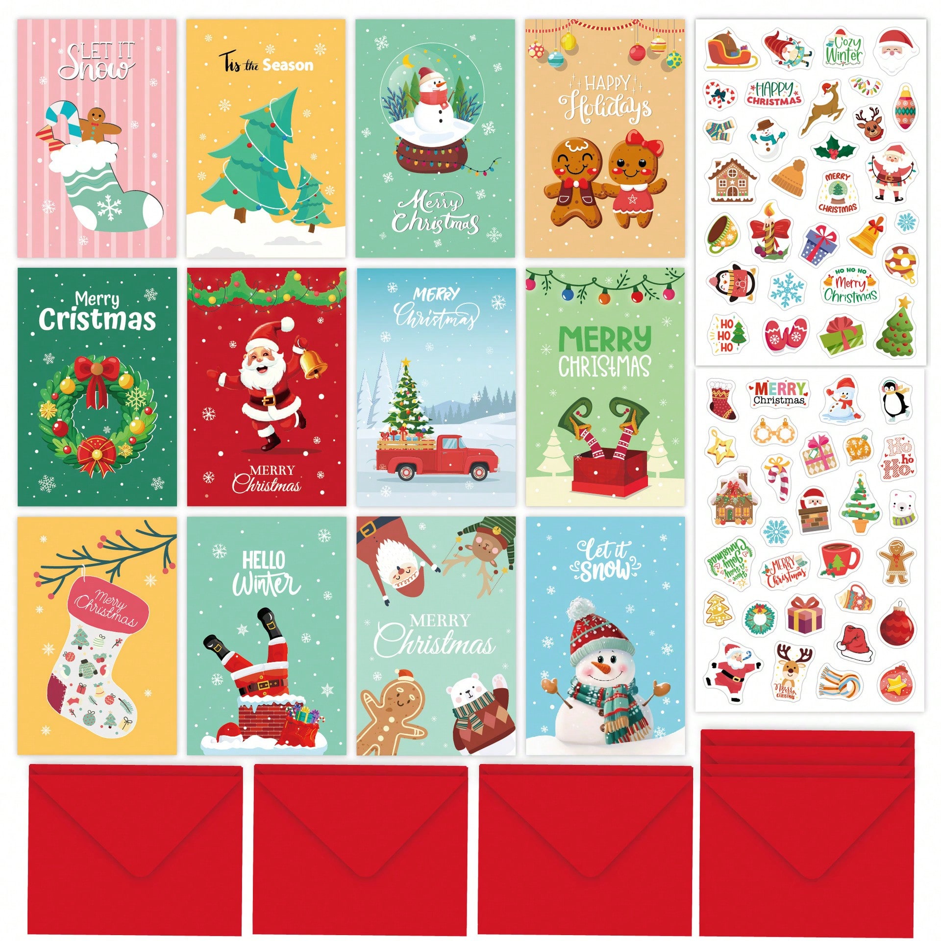 26pcs Christmas Card Set, 12 Unique Christmas Cards + 12 Envelopes + 2 Stickers, Santa Claus, Snowflake, Gingerbread, Reindeer, Christmas Tree Cards, Christmas Postcards, Vintage Christmas Cards, Perfect For Scrapbooking, DIY Decoration, Gifts, School & Home Supplies, Suitable For Halloween, Christm