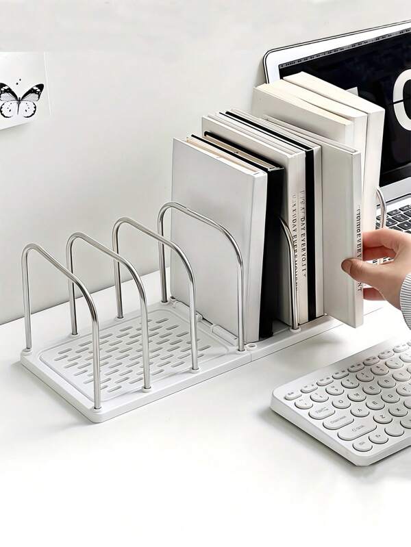 1pc Simple White Desk Bookend With 6 Compartments Space Saving Stationery Accessories Storage Box Detachable Multifunctional Sturdy Magazine Stand For Office, Home, Classroom Accessories.