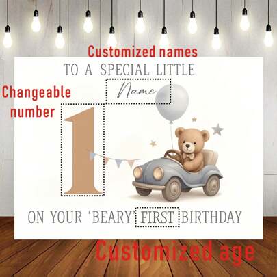 1pc Customizable Name Patiently Waiting Blue Balloon Bear Party Backdrop Perfect For Gender Reveal Parties, Baby Showers, Birthday Party Cake Smash Decorations Personalized Name Design Vinyl Material