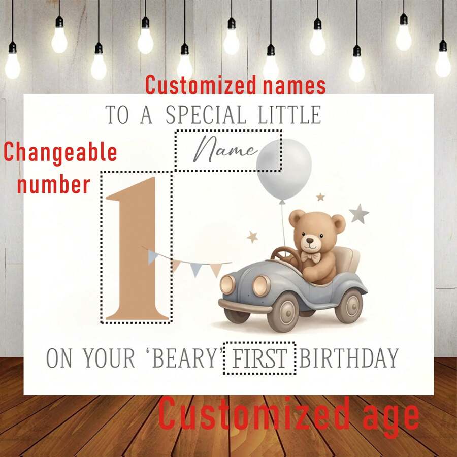 1件可定制姓名的蓝色气球熊派对背景布，非常适合性别揭晓派对、迎婴派对、生日派对蛋糕装饰，个性化姓名设计，乙烯基材质。 - D款 - 查看 1