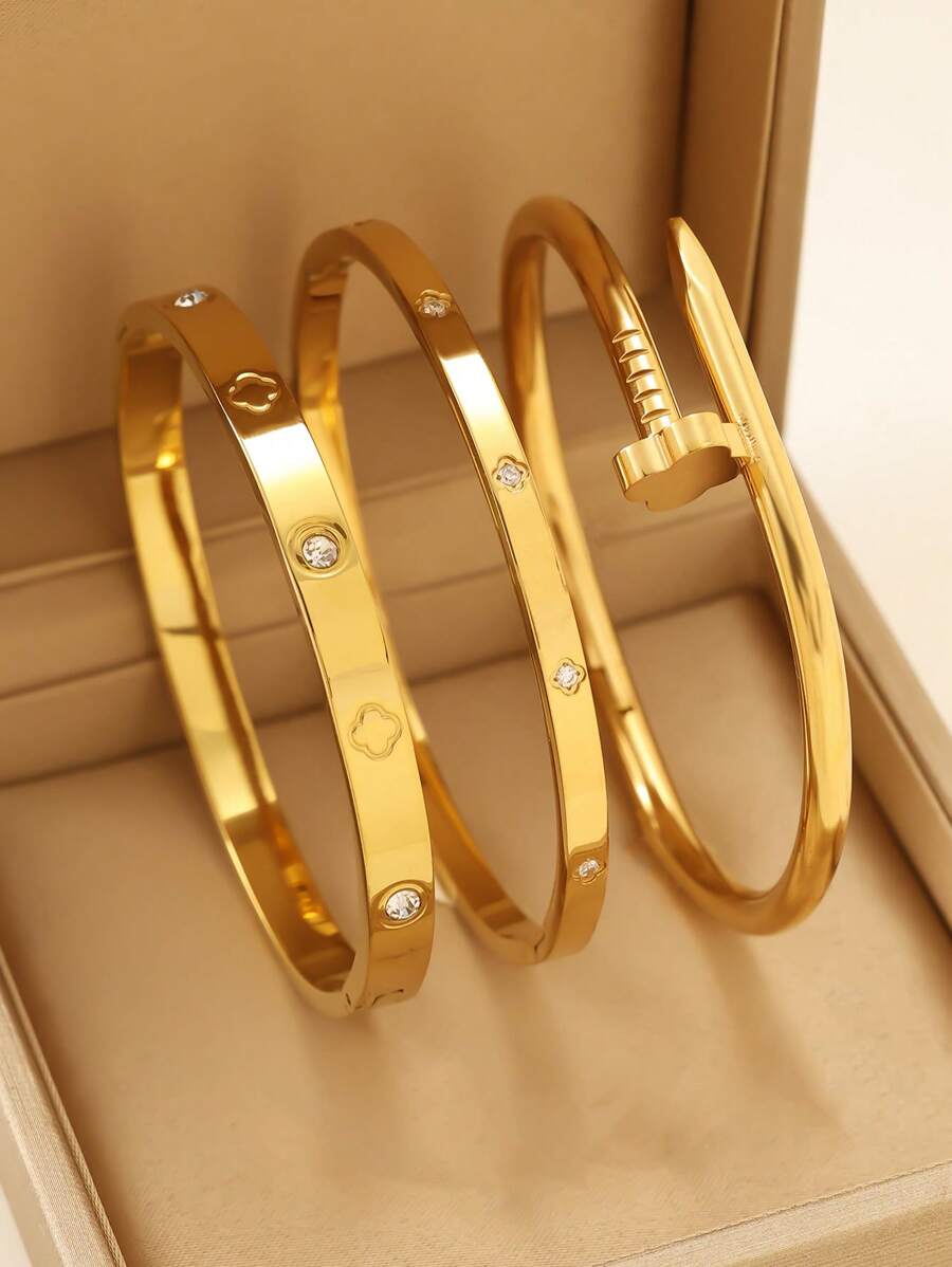 3 قطع / 1 قطعة سوار مطلي بالذهب الأصفر عيار 18 قيراط من الفولاذ المقاوم للصدأ على شكل رباعي ورقة البرسيم، مناسب للحفلات والاستخدام اليومي للنساء، بأسلوب أوروبي وأمريكي، شخصي، سخي، سوار فاخر مرصع بالزركونيا المكعبة، طقم مجوهرات زفاف، هدية للبنات والنساء والأقارب والأصدقاء، للزفاف والعيد والعيد الحب