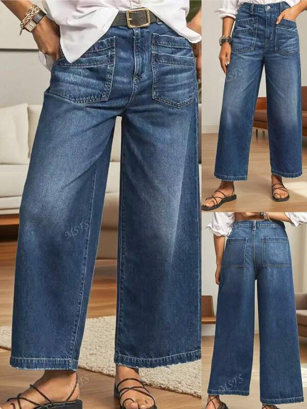 Women's Loose Fit Distressed Cropped Jeans With Diamond Pattern Pockets, Vintage Washed Stretchy Wide Leg Trousers