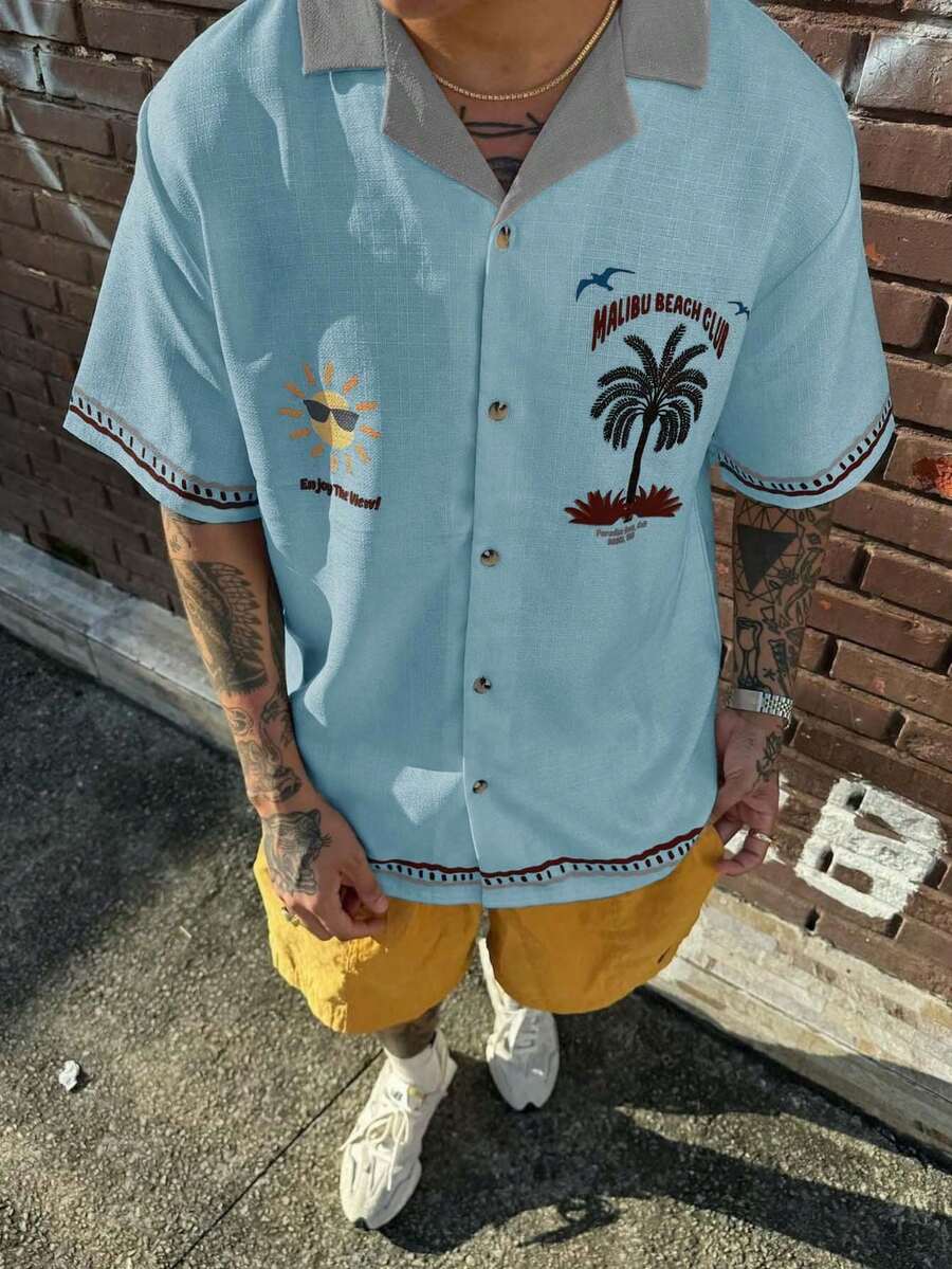 2025 Spring/Summer Men's Coconut Tree Pattern Fashionable Short Sleeve Shirt - Blue - View 1