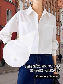 Camisa informal de manga larga ajustada para mujer, diseño de cuello alto, con bolsillos laterales dobles, adecuada para oficina, ocio y uso diario - Blanco - Ver 4