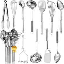 OPU   Stainless Steel Kitchen Utensils Set - 12pcs Cooking Utensils Set With Holder, Heat Resistant Kitchen Tool Set For Cooking With Turners, Potato Masher, Spatula, Spoons, Tongs, Whisk - Silver - View 1