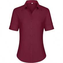 Siliteelon Short Sleeve Button Dress Shirts For Women Cotton Button Down Shirts For Women Slim Fit Blouse Top 3/4 Sleeve - 酒紅色 - 查看 1
