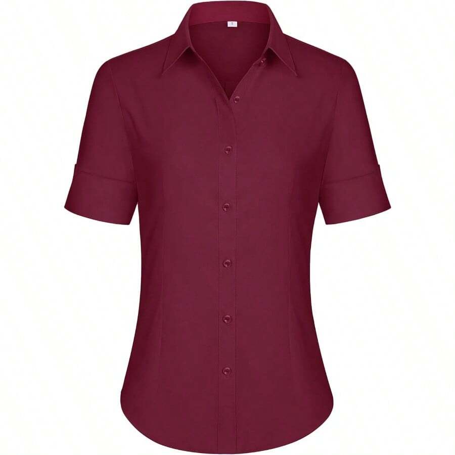 Siliteelon Short Sleeve Button Dress Shirts For Women Cotton Button Down Shirts For Women Slim Fit Blouse Top 3/4 Sleeve - 酒紅色 - 查看 1