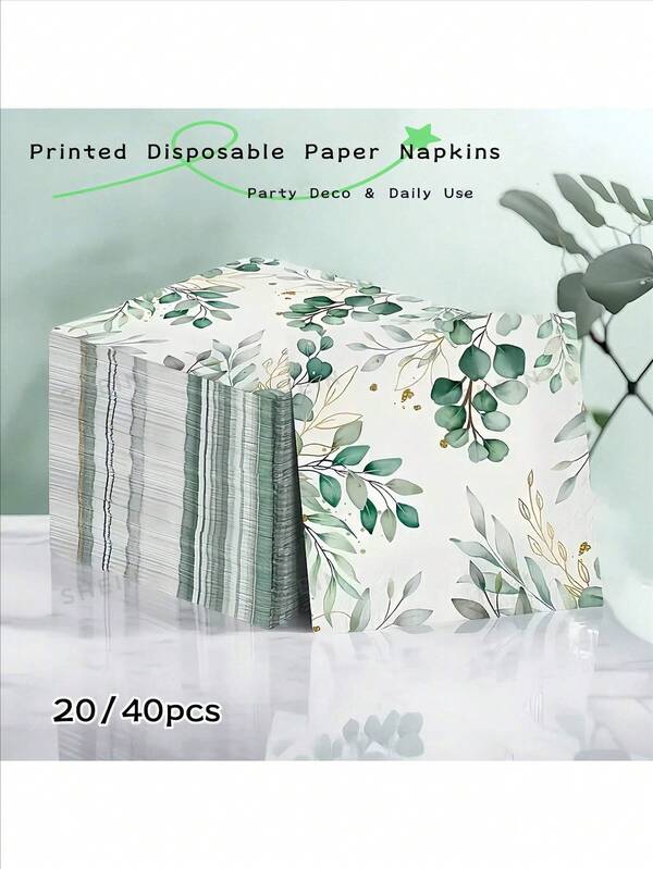 20/40pcs Eucalyptus Leaf Pattern Disposable Napkins, Spring Festival Items, Double-Ply, 13*13 Inch Printed Tissue Paper, Suitable For Outdoor Parties, Picnics, Restaurants, Family Gatherings, Wedding Parties And Other Occasions