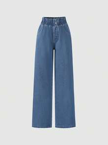 1 pièce Jeans en denim classique, décontracté et vintage, confortable, bleu moyen, nouvelle arrivée pour l'automne/hiver - Jean bleu - Voir 2