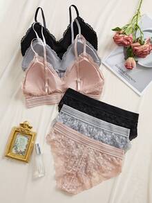 3 SETS French V-Shaped Solid Color Lace Flower Detachable Chest Pad Bra, Wireless Soft Cup Breathable Multicolor Bra & Panties Underwear Set Lingerie Set