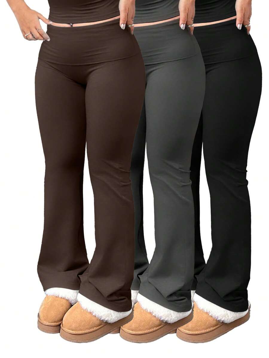 3pcs/Set Large Size Women's Casual High Yoga Pants Set   Elastic Waist Gym Workout Flare Leggings - 咖啡棕色+黑色+灰色 - 查看 1