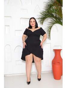 Plus Size Women's Off-The-Shoulder Short Wrap Dress Short Sleeve Mullet Sexy Neckline - 黑色 - 查看 9