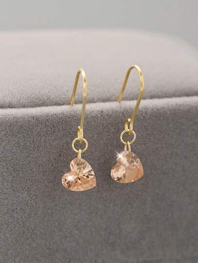 一对 S925 纯银香槟色心形优雅耳环，适合送给女朋友、同学、生日派对的礼物