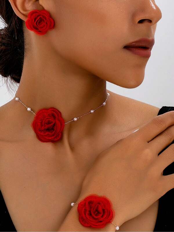 Women's Jewelry Set - Fashionable Elegant Fabric Red Rose Necklace Bracelet Earring Set, Suitable For Daily Wear, Dating And Party