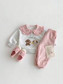 2pcs/Set Baby Girls Cute Bear & Dog Print Ruffle Collar Sweatshirt + Pink Drawstring Pants Casual Loose Outfit, Spring/Autumn