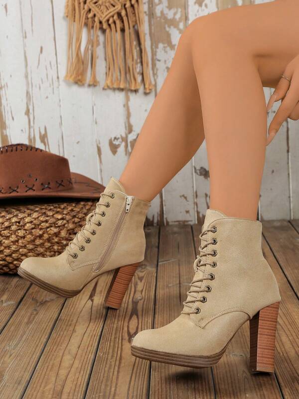 Black, Beige Women's Fashion Short Sleeve Autumn/Winter Lace-Up High Heel Platform Ankle Boots,Boots For Women