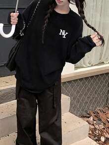 Women's Loose Fit Cotton Letter Print Graphic Round Neck Casual Long Sleeve T-Shirt, Versatile For Spring & Autumn