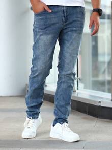 Casual Fashion Versatile Daily Slim Fit Simple Button Men Jeans - Blue - View 3