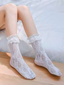 CLAGAINER 4 Pairs/1 Pair Lolita Lace Women's Socks, Mid-Calf Fleece Socks, Ankle Socks, Spring/Summer - White - View 4