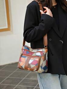 新款女士休闲单肩包 PU 皮革拼接斜挎包，时尚简约 - 彩色 - 查看 5