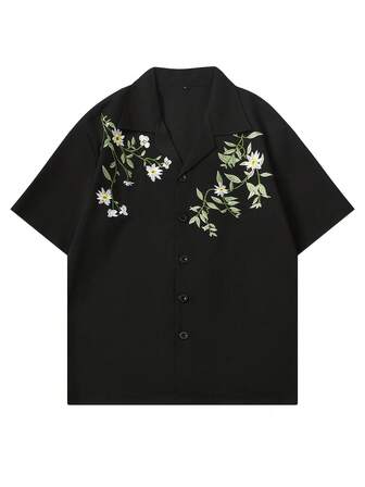 男士休闲刺绣衬衫，花卉和叶子刺绣图案，年轻时尚，复古，适合日常穿着